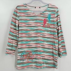 Bua Bua Women’s Multicolored 3/4 Sleeve Cotton Tee Seahorse Motif Size Medium